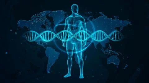 Futuristic Digital DNA and Human Hologram on World Map Background Stock-Illustration