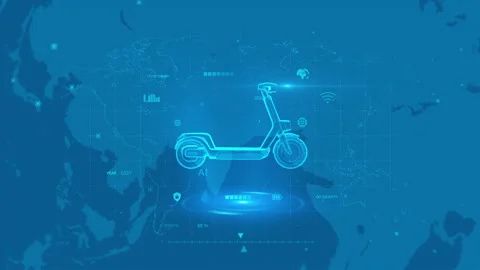 Futuristic Digital E-Scooter Concept Over World Map with Blue Technological.. Stock-Footage 342203672
