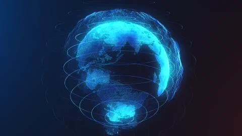 Futuristic digital earth with network nodes connecting and circling the globe 스톡 일러스트