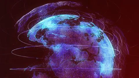 Futuristic digital earth with network nodes connecting and circling the globe Stock Illustration
