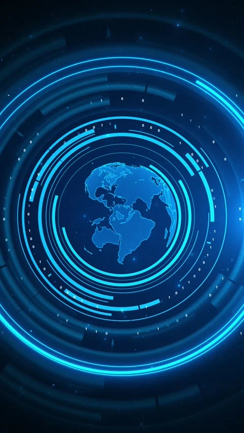 Futuristic digital Earth surrounded by Big data neon rings, binary code flowing 库存影片 314198820
