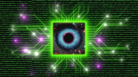 Futuristic Digital Eye with Binary Code and Circuitry Stockbeeldmateriaal 344908675