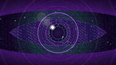 Futuristic Digital Eye Concept with Binary Code and Glowing Purple HUD Stock-Footage 341834038