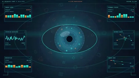 Futuristic Digital Eye Interface with Biometric Scanning Data and HUD 库存影片 343154233