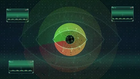 Futuristic Digital Eye Interface with Rotating Circular Data HUD and Cyber Stock Footage 343169810