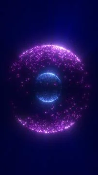Futuristic digital eye made of purple particles with a glowing blue sphere,.. Stock Illustration