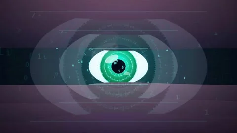Futuristic Digital Eye Scanning with Binary Code and High Tech Interface HUD Stockbeeldmateriaal 341827550