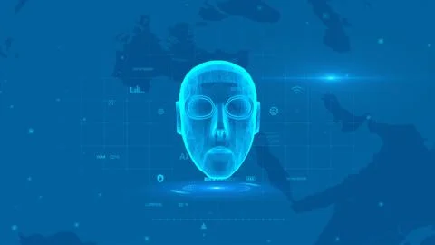 Futuristic Digital Face with Global Network and Tech Elements in Blue Stock Illustration