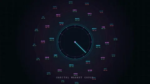 Futuristic Digital Financial Market Interface with Rotating Orbital Data Gauges Stock Footage 344775342