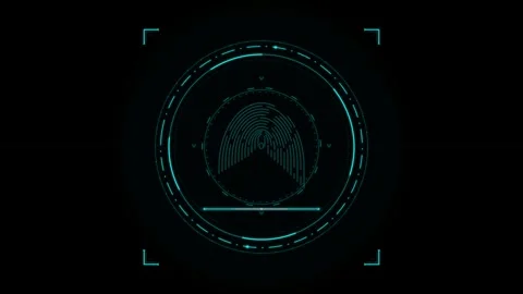 Futuristic digital fingerprint scanner interface with cyan glowing lines on.. 動画素材 335826611