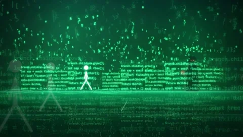 Futuristic Digital Forest Code Rain with Cyber Attack Battle Animation 動画素材 341454337