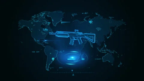 Futuristic Digital Global Map with Holographic Gun Visualization Stock Footage 342292136