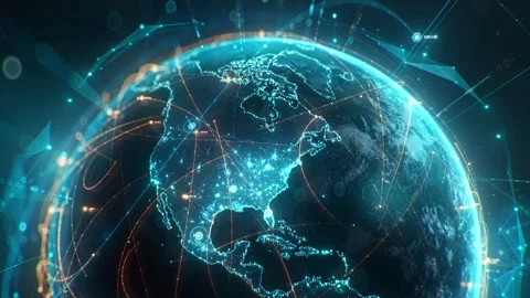 Futuristic digital globe of Earth with glowing data points network connections Video stock 310059490