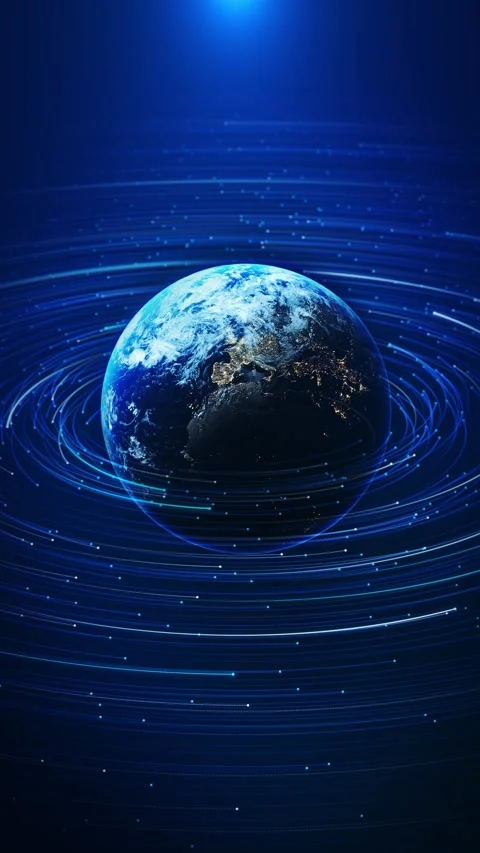 Futuristic digital globe of Earth glowing data points network connections dark Stock Footage 333965061