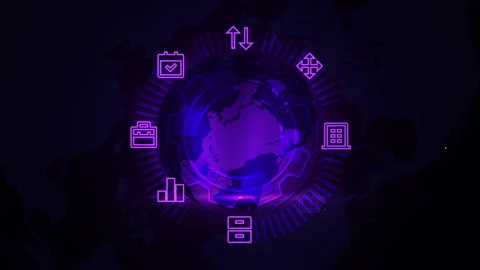 Futuristic Digital Globe Interface with Technology Icons and Purple Glow Stock Footage 339113840