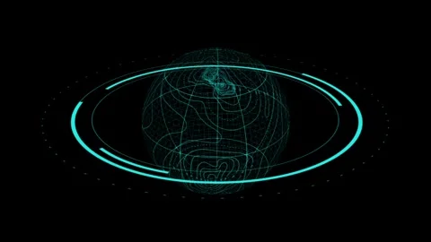Futuristic Digital Globe with Rotating Neon Rings and Geometric Patterns Stock Footage 341917845
