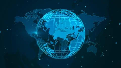 Futuristic Digital Globe with World Map Overlay and Grid Lines Ilustração Stock
