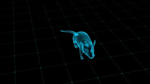 Futuristic Digital Grid with 3D Mouse Hologram in Neon Blue Wireframe Design 库存影片 343036218