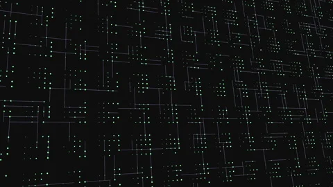 Futuristic digital grid background with glowing data nodes and abstract network Stockbeeldmateriaal 334139136
