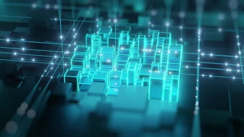 Futuristic digital grid with glowing wireframe cubes Stock Footage 283950456