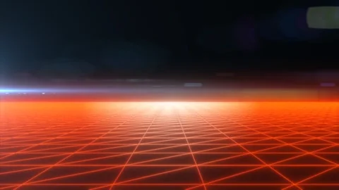 A futuristic digital grid landscape with a glowing red horizon and dark bac.. Stock Footage 310174497