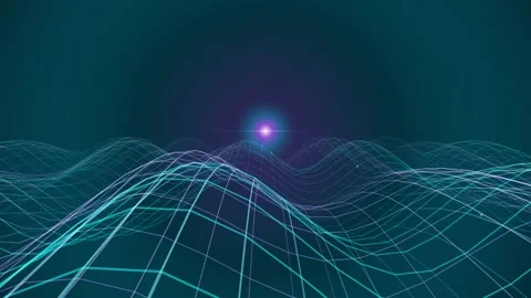 Futuristic Digital Grid Landscape with Glowing Horizon and Wavy Terrain Motion Stock Footage 344514132