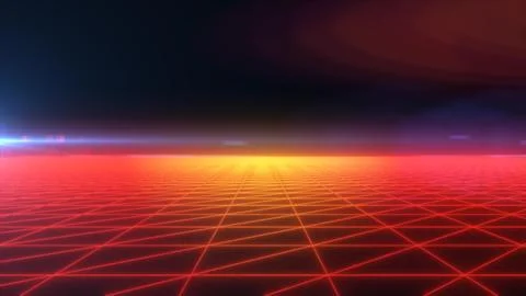 A futuristic digital grid landscape with a glowing red horizon and dark backg Stock Illustration