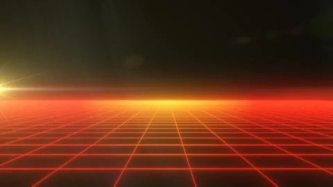A futuristic digital grid landscape with a glowing red horizon and dark bac.. イラスト素材