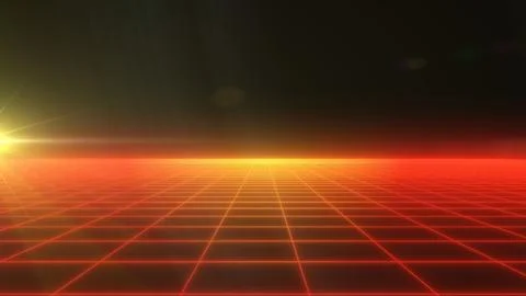 A futuristic digital grid landscape with a glowing red horizon and dark bac.. 스톡 사진
