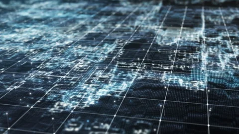 Futuristic Digital Grid Map with Glowing Blue Circuit Patterns Stock Footage 312979475