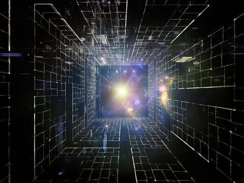 Futuristic Digital Grid Tunnel with Glowing Light Portal Stock Illustration
