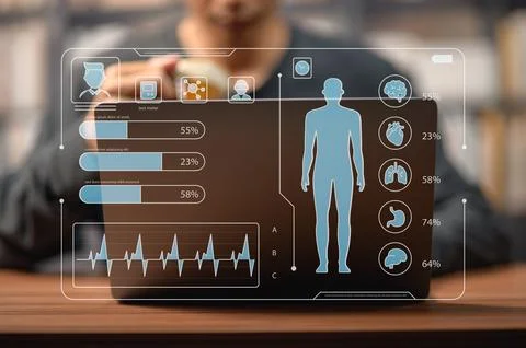 Futuristic Digital Health Interface Display Showing Human Body Data and Ana.. Stock Photos