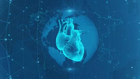 Futuristic Digital Heart Display Against a World Map Background 스톡 일러스트