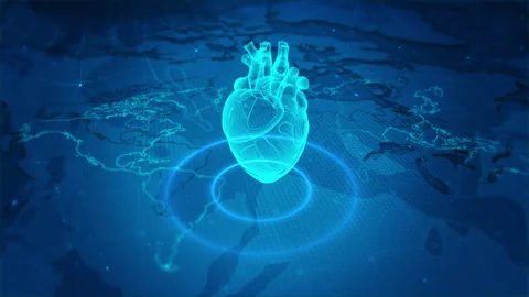 Futuristic Digital Heart Over Global Map With Virtual Blue Connections Vidéo 342815053
