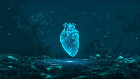 Futuristic Digital Heart with World Map and Network Connections Stock-Illustration