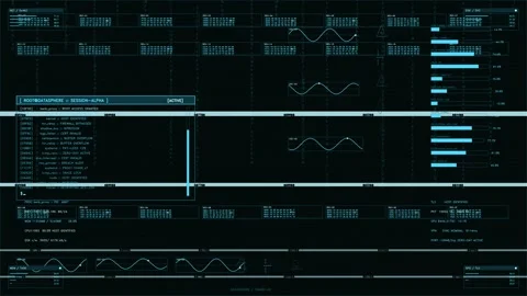 Futuristic Digital HUD Display with Scrolling System Logs and Cyan Data Stock Footage 334453027