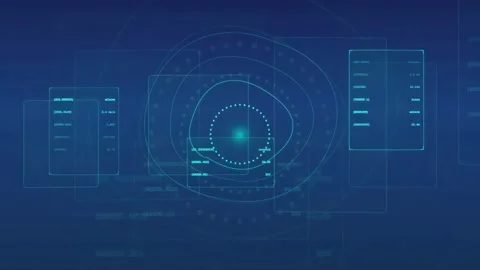Futuristic Digital HUD Interface with Animated Data Screens and Glowing Blue Stock Footage 336778495