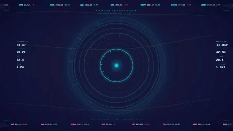 Futuristic Digital HUD Interface with Blue Circular Scanning Radar and Data Stock Footage 336774023