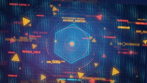 Futuristic Digital HUD Interface with Cyber Security Warning Alerts and Data Stock Footage 341830774