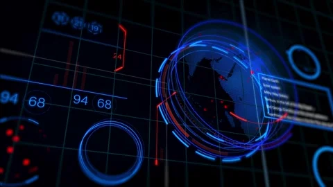 Futuristic Digital HUD Interface with Global Map and Data Elements Stock Footage 304751933