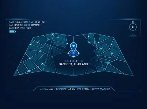 Futuristic digital HUD interface glowing blue GPS navigation map Includes h.. 스톡 일러스트