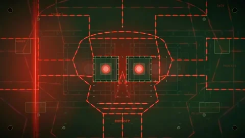 Futuristic Digital HUD Interface with Red Glowing Skull Outline and Cyber Stock Footage 343166223
