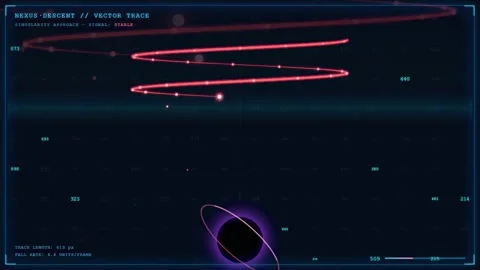 Futuristic digital hud interface with red vector trace lines and black hole Stock Footage 343871021