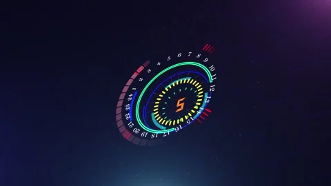 Futuristic digital HUD interface with rotating circular elements and neon  動画素材 332944027