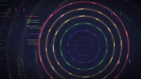 Futuristic Digital HUD Interface with Rotating Concentric Circles and Scrolling Stock Footage 339973847