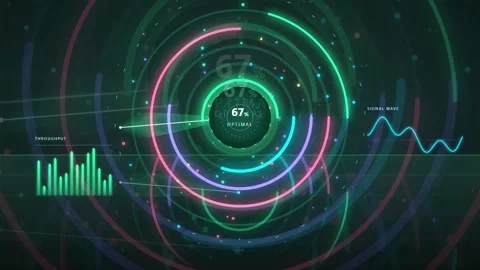 Futuristic Digital HUD Interface with Rotating Circular Data Visualizations and 库存影片 343156607