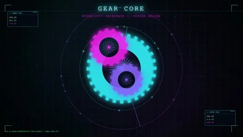 Futuristic Digital HUD Interface with Rotating Neon Gears and Technical Data Stock Footage 346204258