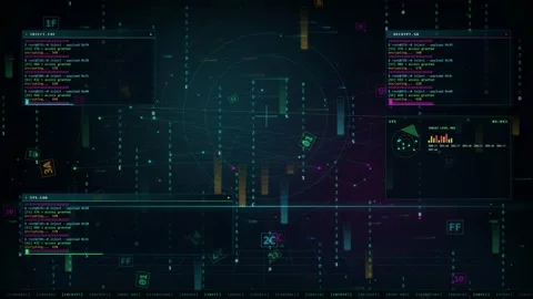Futuristic Digital HUD Interface with Scrolling Code and Data Visualization on Stock Footage 346215329