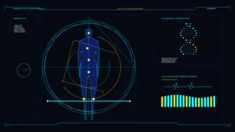 Futuristic digital hud interface showing human body scan and dna analysis Stock Footage 347567376