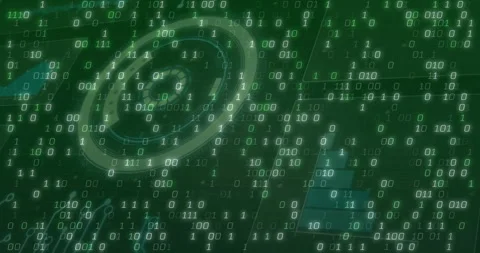Futuristic digital HUD rotating over green binary code, showing bar chart icon Stock Footage 307443003